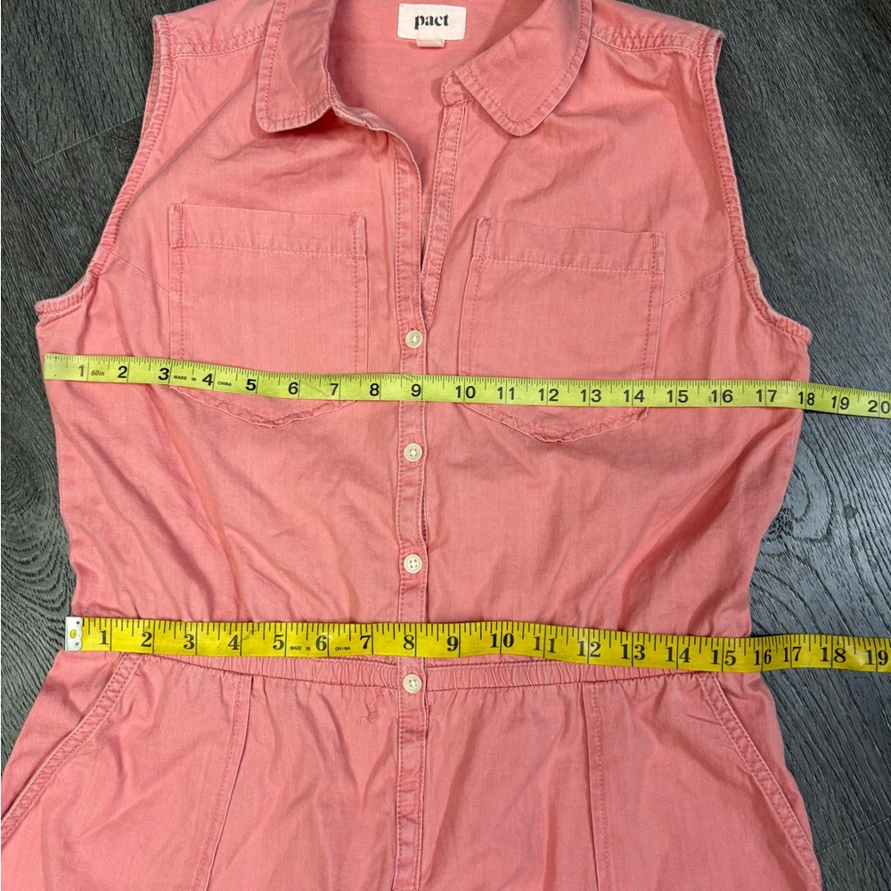 PACT Chambray Romper Size Small Pink Organic Cotton Elastic Waist Pockets Collar - Picture 12 of 14